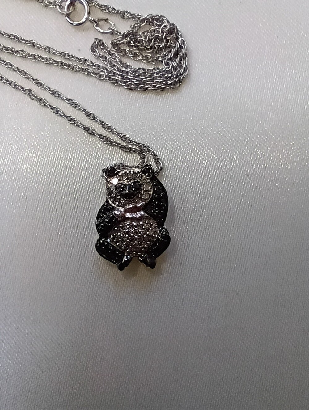 Diamond Sterling Silver Black White Panda Pendant Necklace 925 Rope Chain